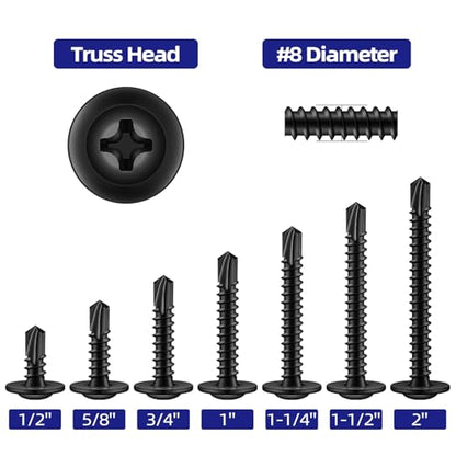 #8 x 3/4" Sheet Metal Screws, 200 PCS Etauwe Fast Self Tapping Screws for Metal, Phillips Modified Truss Head Self-Drilling Screws, Screwdriver Bit Included, Black - color: Black, size: #8 x 3/4"