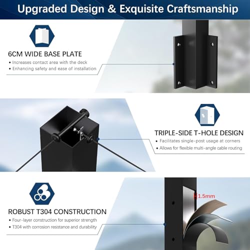 Side Mount Inner Corner Post 36" (Post Body 44"), Fixed Top Three Side Drilled Corner Post Cable Railing, Black Stainless Steel T304 Fascia Mount Metal Post with Inner Terminal & Cable Grommet - style: 1x Inner Corner