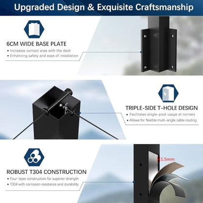 Side Mount Inner Corner Post 36" (Post Body 44"), Fixed Top Three Side Drilled Corner Post Cable Railing, Black Stainless Steel T304 Fascia Mount Metal Post with Inner Terminal & Cable Grommet - style: 1x Inner Corner