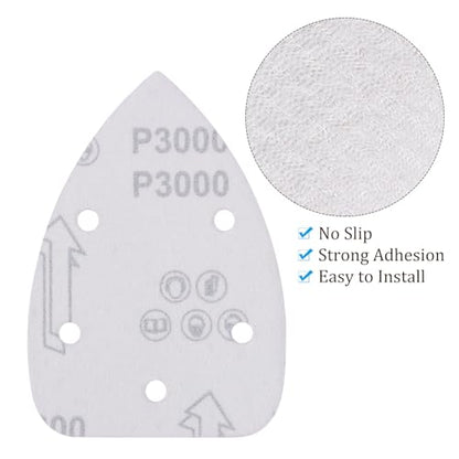 25pcs Mouse Sander Detail Sandpaper - [3000 Grit, 3.5" x 5.5"] Triangle Hook and Loop Assorted Sanding Pads Sheet for Wood Furniture Polishing Use | 5 Hole, Aluminum Oxide