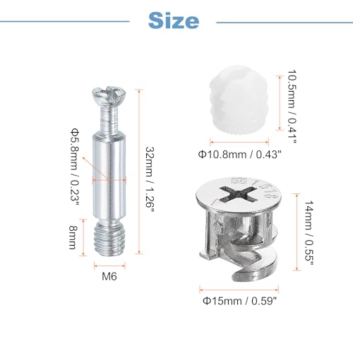 uxcell 30Set 15x14mm Furniture Cam Lock Fitting with 5.8x32mm Dowel Fasteners, 3-in-1 Metal Furniture Board Connecting Screws Bolts Assortment Kit for Cabinets Chairs Drawer - size: 5.8 x 32mm
