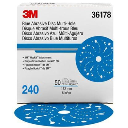 3M Hookit Blue Abrasive Disc, 321U, 36178, 6 in, 240+ Grade, Multi-Hole