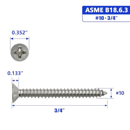 #10 x 3/4" Flat Head Sheet Metal Screws Phillips Drive Wood Screws, 304 Stainless Steel 18-8, Pack of 100 - color: Silver, size: #10 x 3/4"
