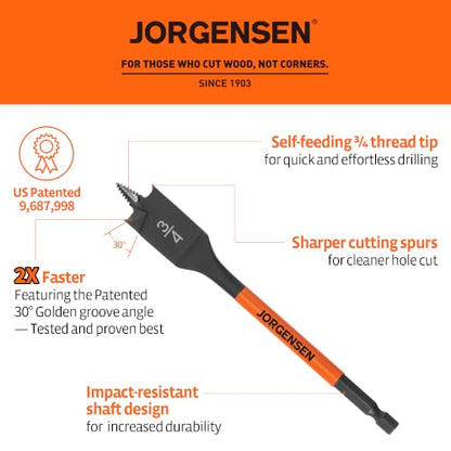 Jorgensen 3/4" x 6" Spade Drill Bit, 1/4" Hex Shank - size: 3/4 in