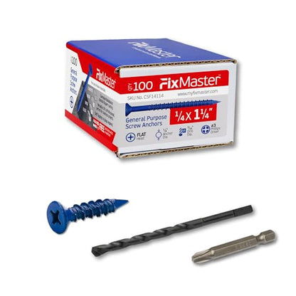 1/4 x 1-1/4" Countersunk Phillips Flat Head Blue Concrete Screw Anchors (100 pcs Screw Kit) with one Screwdriver and Drill Bit for Concrete, Masonry, Block, Brick and Wood Fastening - size: 1/4 x 1-1/4 in