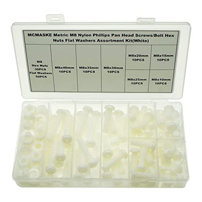 150PCS M8 White Nylon Phillips Pan Head Screws Nuts Washers Kit - size: M8