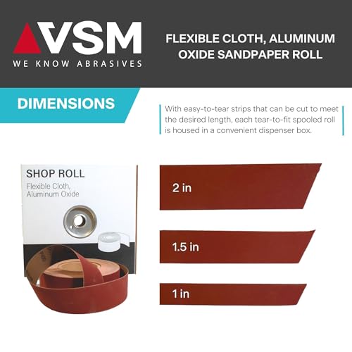 VSM 1-1/2" x 50yd (150'), 150 Grit (Fine) Aluminum Oxide Sanding Shop Roll, F-Weight Cotton Cloth Backed Sandpaper Roll for Hand Finishing, Woodworking, Metal Working, Polishing - style: 150 Grit