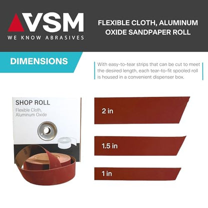 VSM 1-1/2" x 50yd (150'), 320 Grit (Extra Fine) Aluminum Oxide Sanding Shop Roll, F-Weight Cotton Cloth Backed Sandpaper Roll for Hand Finishing, Woodworking, Metal Working, Polishing - style: 320 Grit
