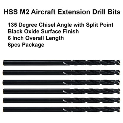 MAXTOOL 7/32"x6" 6pcs Identical Aircraft Extension Drills HSS M2 Extra Long Deep Twist Drill Bits Straight Shank Fully Ground Black; ACF02B06R14P6 - size: 7/32"x6"