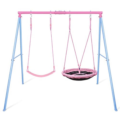 Lunafun Swing Set, 440lbs, Heavy-Duty A-Frame Metal Outdoor SwingStand, 1 Saucer & 1 Belt Swing seat for Playground, Backyard Pink - color: Pink