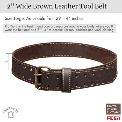 FESA Men's Leather Tool Belt - Handcrafted Top Grain Leather Tool Pouch Belt for Carpenters & Other Trade Professionals - color: Brown - 2" Wide - L