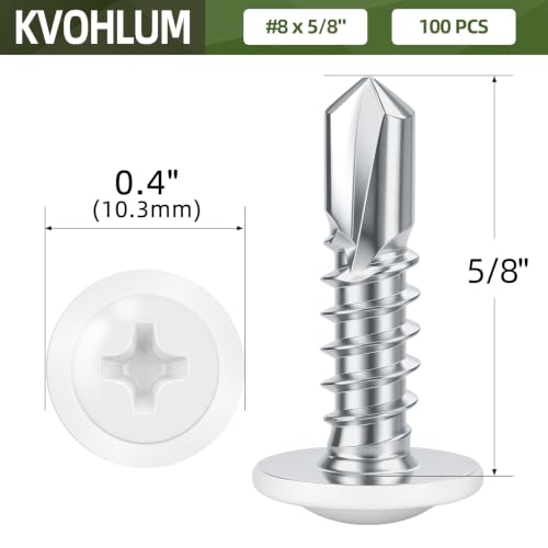 #8 x 5/8" (100 PCS) White Head Fast Self Tapping Sheet Metal Screws, Modified Truss Head Self Drilling Screw, Full Thread, Screwdriver Bit Included - color: White, size: #8 x 5/8"