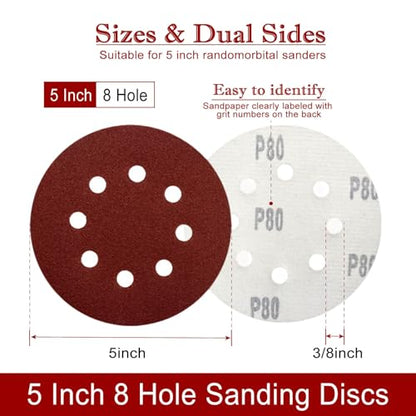 60 PCS 5 Inch Sanding Discs, Hook and Loop Round Sandpaper for Orbital Sander - 40/80/120/240/400/800/1000/2000/3000/5000 Grit Assortment for Wood Metal Polishing (01-Assortment Kit) - style: Assortment Kit