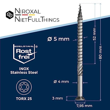 #10-3-1/8" | 50 Piece Deck Screws 5 x 80 mm | Perfect for 35 mm Panels | Hardened C1 Stainless Steel | Torx 25 | Exterior Rust Resistant Wood Screws - size: 80 mm ≈ 3.15 in