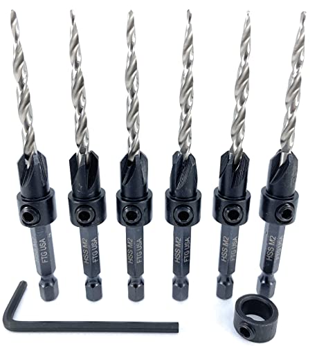 FTG USA 6 Pc #8 (11/64") Tapered Countersink Drill Bit Set with 1 Stop - size: #8, style: Same Sort 6 Pc