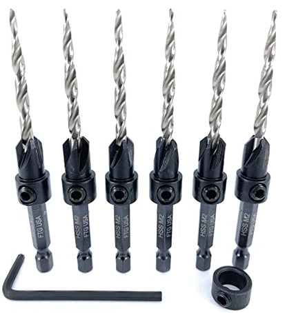 FTG USA 6 Pc #8 (11/64") Tapered Countersink Drill Bit Set with 1 Stop - size: #8, style: Same Sort 6 Pc