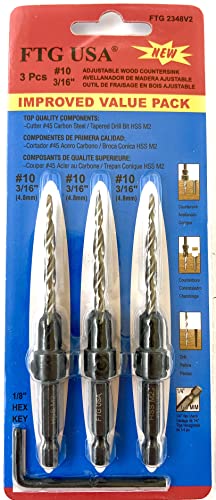 FTG USA #10 (3/16") Wood Countersink Drill Bit 3-Pc Set with Hex Key - size: #10, style: 3 Pc w/o Depth Stop