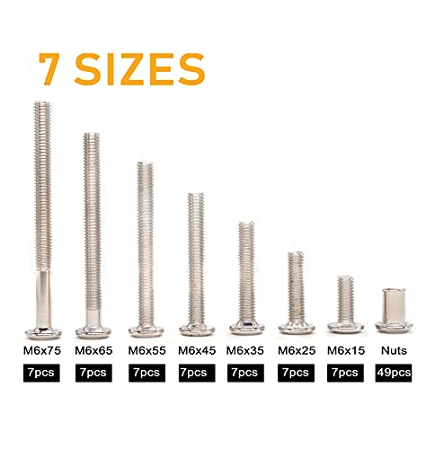 100pcs M6x15mm/ 25mm/ 35mm/ 45mm/ 55mm/ 65mm/ 75mm Rivet Countersunk Hex Socket Cap Bolts and Barrel Nuts Assortment Kit, Furniture Connector Bolts and Barrel Nuts Set, Nickel Plated - size: M6