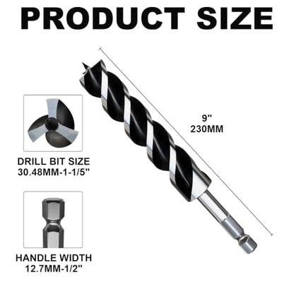 1-1/5"×9" Professional Auger Drill Bit for Wood with Quick Change 1/2" Hex Shank- 3-Cutter Design with Dual-Flute for Fast Chip Removal, Fits Hardwood, Softwood, PVC, Drywall & Tree Stumps - size: 1-1/5"×9"