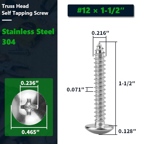 #12 x 1-1/2" Stainless Steel Truss Head Self Tapping Screws, 304 SS (18-8), Phillips Drive, Corrosion Resistant Screws for Wood, Metal & Sheet Metal Projects, 50 Pack - size: #12 x 1-1/2"
