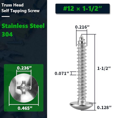 #12 x 1-1/2" Stainless Steel Truss Head Self Tapping Screws, 304 SS (18-8), Phillips Drive, Corrosion Resistant Screws for Wood, Metal & Sheet Metal Projects, 50 Pack - size: #12 x 1-1/2"