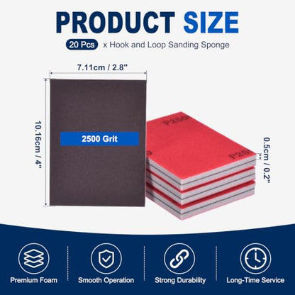 20Pcs 2500Grit Sanding Sponges, 4x2.8In Hook & Loop Black - size: 2500 Grit