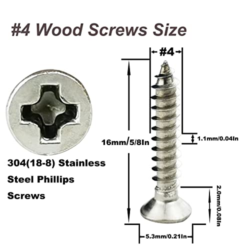 200PCS #4 x 5/8" Wood Screws, 18-8 (304) Stainless Steel Flat Head Phillips Self Tapping Sheet Metal Screws (1/4" to 1" Available) - size: 200PCS #4 x 5/8"