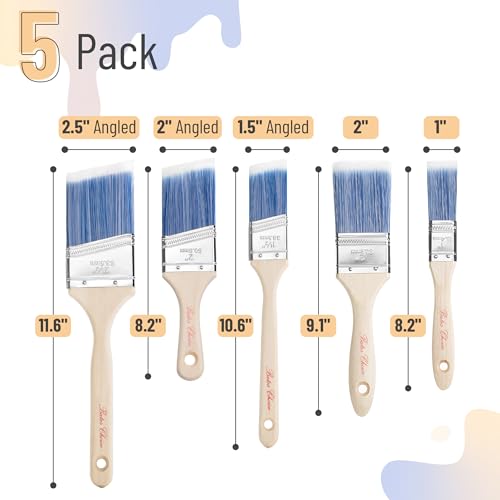 Bates- Paint Brushes Set, 5 Pack, 1"/1.5"/2"/2.5", Flat & Angled Paint Brushes for Walls, Treated Wood Handle, Stainless Steel Ferrule - color: Wood Handle Angle/Flat, size: 5 Pack, 1", 1.5", 2.5", 2"