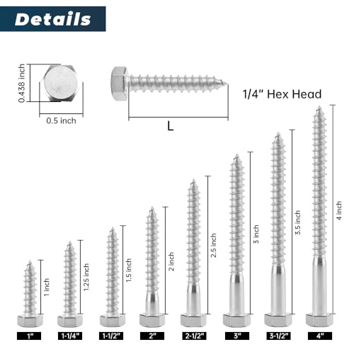 15 Sets 1/4 x 3-1/2" Stainless Steel Hex Head Lag Screws with Flat Washers & Bit, Heavy Duty Wood Screws, Rust-Proof Exterior Fasteners for Deck, Fence & Construction - size: 1/4 x 3-1/2"