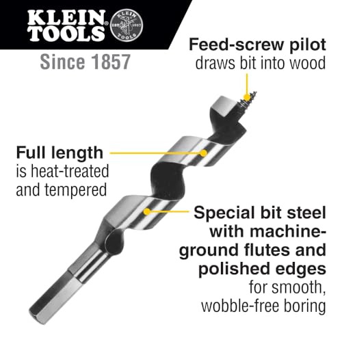 Klein Tools 53404 Steel Ship Auger Bit with Screw Point, 7/8-Inch Bit x 4-Inch Twist Length for Drilling Through Wood with Nails - size: 7/8-Inch, style: 7/8-Inch Bit
