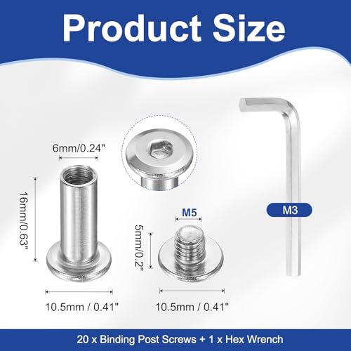 PATIKIL M5x5mm Hex Chicago Screws 6x16mm, 20Pcs 304 Stainless Steel Metric Hex Drive Socket Cap Binding Post Screw Posts for Scrapbook Leather Belt Album Furniture Repair, Silver - size: M5x5mm, 6x16mm