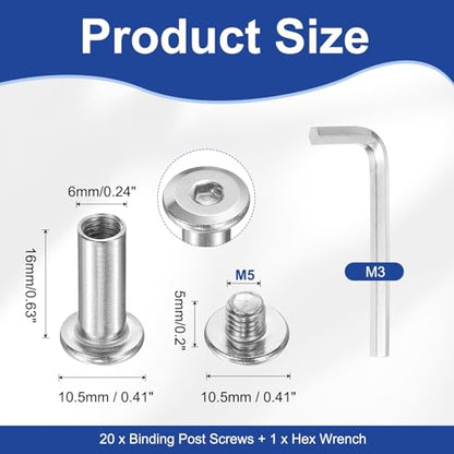 PATIKIL M5x5mm Hex Chicago Screws 6x16mm, 20Pcs 304 Stainless Steel Metric Hex Drive Socket Cap Binding Post Screw Posts for Scrapbook Leather Belt Album Furniture Repair, Silver - size: M5x5mm, 6x16mm