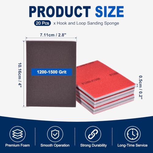 20Pcs 1200-1500Grit Sanding Sponges, 4x2.8In Hook & Loop Black - size: 1200-1500 Grit