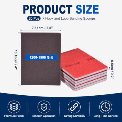 20Pcs 1200-1500Grit Sanding Sponges, 4x2.8In Hook & Loop Black - size: 1200-1500 Grit