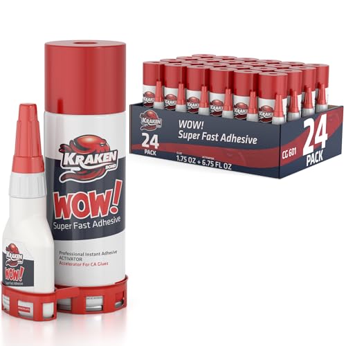Kraken Bond Wow! CA Glue Kit (24x1.75 oz) & Activator (24x6.75 fl oz) - Cyanoacrylate Glue for for Woodworking, Plastic, Ceramic, Craft -DIY Repair, Fast Bonding | 24 Pack - size: 24 Pack