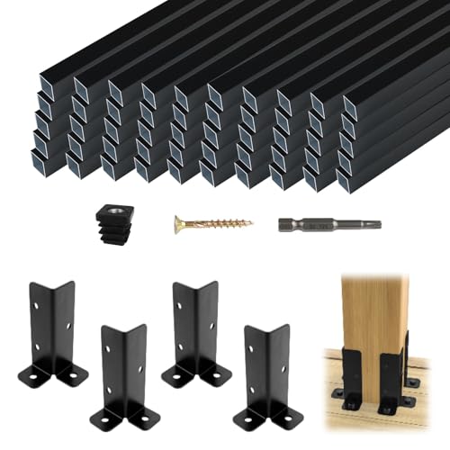 Muzata 4Pack Adjustable Post Base Brackets Deck Post Anchor Fit for Deck Railing Mailbox WT32 Bundle with 50Pack 32" Aluminum Deck Balusters Square Black for Wood and Composite Deck WT26