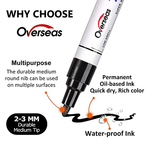 Overseas White & Black Paint Pens Permanent Markers, 2 Oil Based Makrers - color: White & Black