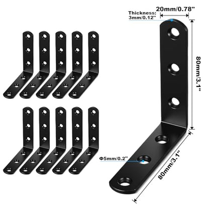 20 PCS Black L Brackets 3.1"x 3.1", Heavy Duty Corner Braces Right Angle Brackets 80 X 80 MM for Wood Chair Bookshelf Cabinets Furniture, Included 120 Screws