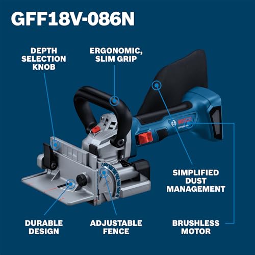 BOSCH GFF18V-086N 18V Brushless Biscuit Joiner - Cordless Woodworking Tool for Accurate Joints, Adjustable Cutting Depth, Dust Extraction Port, Ergonomic Design for Cabinetry & Furniture Making