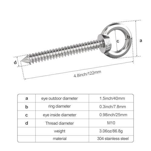 Stainless Steel Eye Hooks, Self-Tapping Screws for Hammocks KIBBEH - color: 5-Inch M10