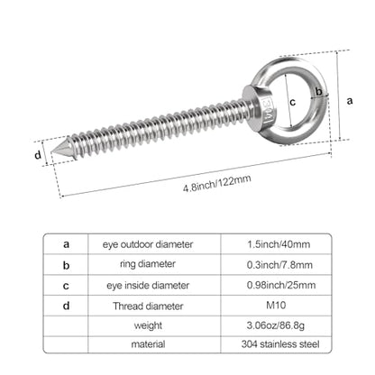 Stainless Steel Eye Hooks, Self-Tapping Screws for Hammocks KIBBEH - color: 5-Inch M10