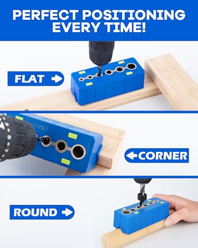 Drill Block Guide Set for Straight Holes with Drill Bits & Stop Collars – Complete Kit with 9 Brad Point Bits, 6 Depth Collars, Case, Guide Blocks for Woodworker Drilling Holes & DIY Projects