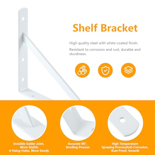 Heavy Duty Shelf Brackets, 12 x 8 Inch White Metal L Brackets, 6 Pack - style: White