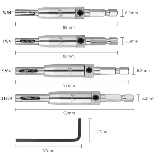 Self Centering Drill Bit Set 11/64",9/64",7/64", 5/64", for #10#8#6#4#2 Screws Size, Be Compatible with 1/4 in VIX Bit Bosch Snappy Quick-Change Hex Drill,Part #45300 Center Finding Drill Bit