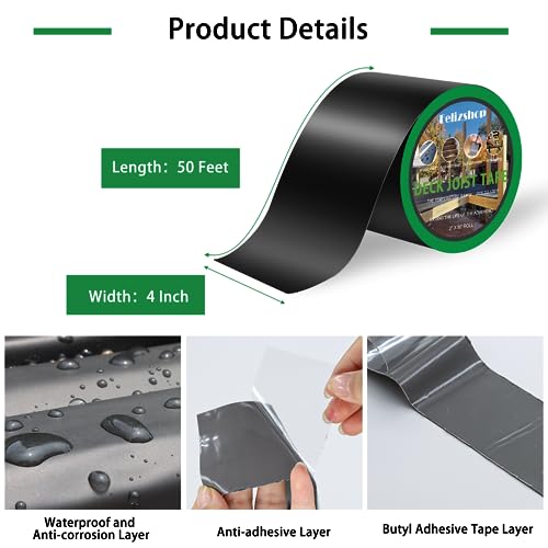 Butyl Tape, 4" X 50' Weather Resistant Deck Tape, Anti-Corrosion Flashing Tape for Decks, Beams and Wood (4 Rolls) - style: 4" x 50' -4 Rolls