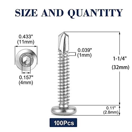 12 x 1-1/4" Stainless Steel Flat Head Socket Cap Screws, 100Pcs, Allen Socket Drive, Self Tapping - size: #12 x 1-1/4"