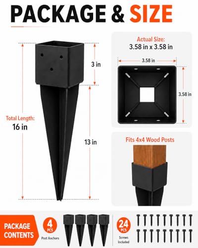 4x4 Post Anchor Ground Spikes, 4-Pack, 16 in, Black - color: 4''X4''--4 Pack