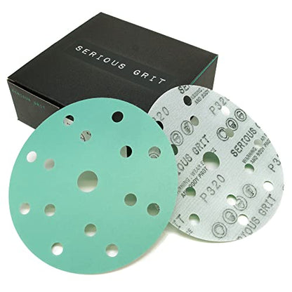 Serious Grit - 6-Inch 15-Hole P320 Grit Sanding Discs - 50 Pack Box - size: 320 Grit