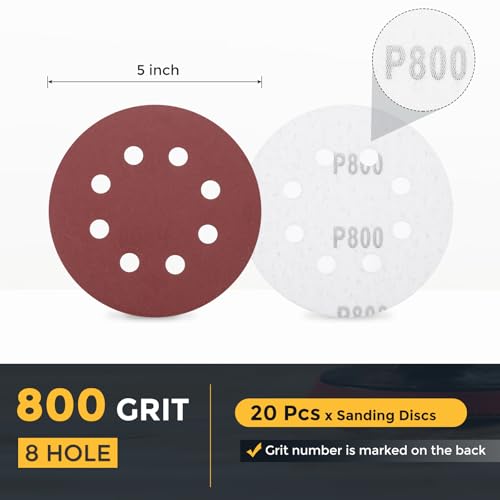 HARFINGTON 20 Pcs 5 Inch Sanding Discs 800 Grit Red Aluminum Oxide 8 Hole - size: 5 Inch(800 Grit)
