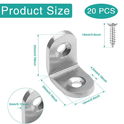 20 Pcs Stainless Steel Corner Brace, 20 x 20 mm L Bracket 90 Degree Right Angle Bracket Fastener Shelf Bracket, Brushed Finish, Thicken Corner Bracket - size: 20x20mm